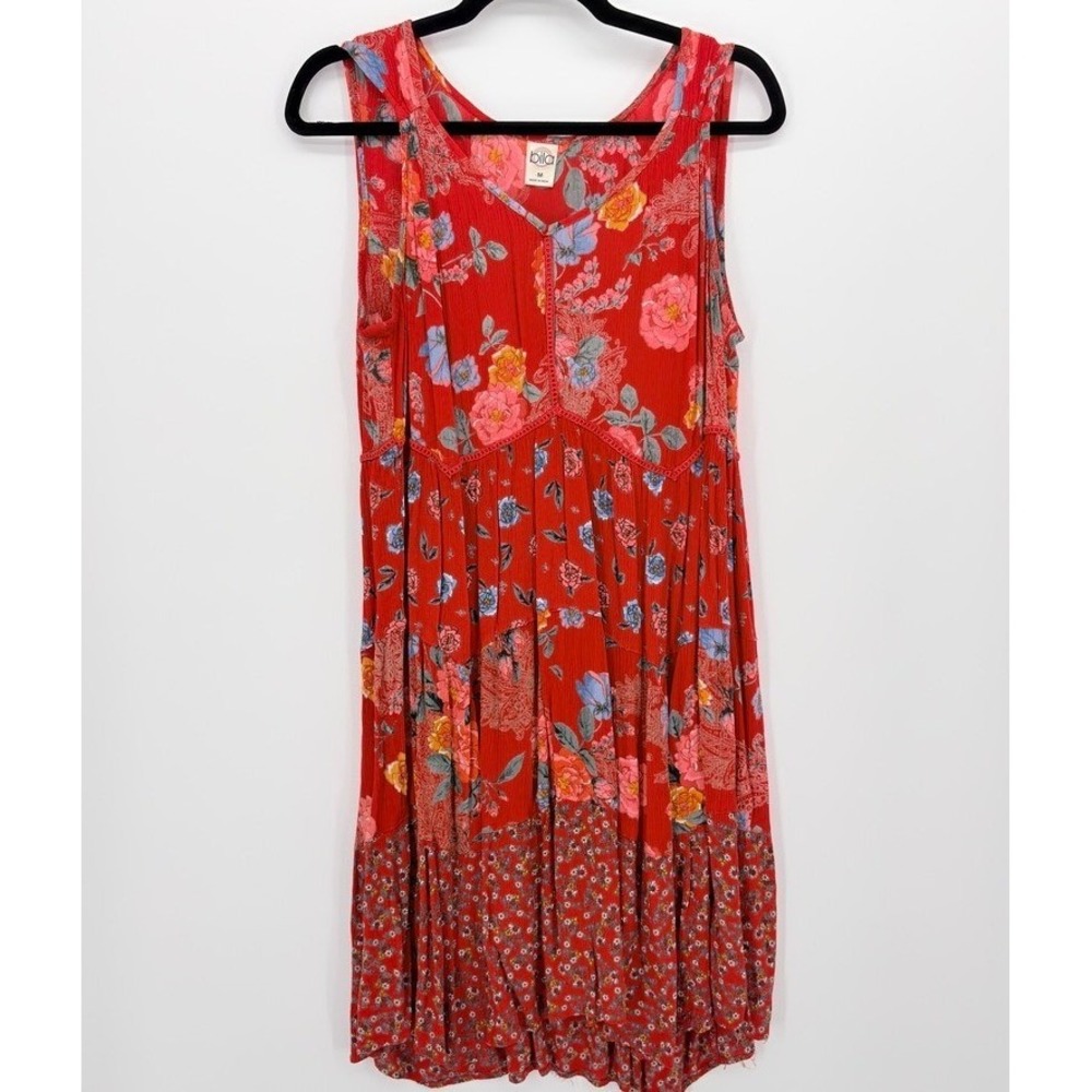 Bila Women Medium Red Floral Rayon Midi Dress Boho Oversized Sleeveless
